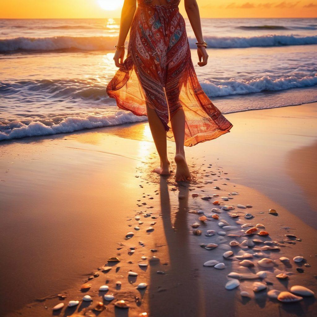 A vibrant beach scene featuring stylish individuals wearing trendsetting beach fashion, surrounded by mystical elements like ethereal waves and floating seashells. Include a sunset casting colorful reflections on the water, and textures like bohemian patterns and tropical prints in the clothing. Add a hint of magic with sparkles in the air and glowing footprints in the sand. super-realistic. vibrant colors. dreamy atmosphere.
